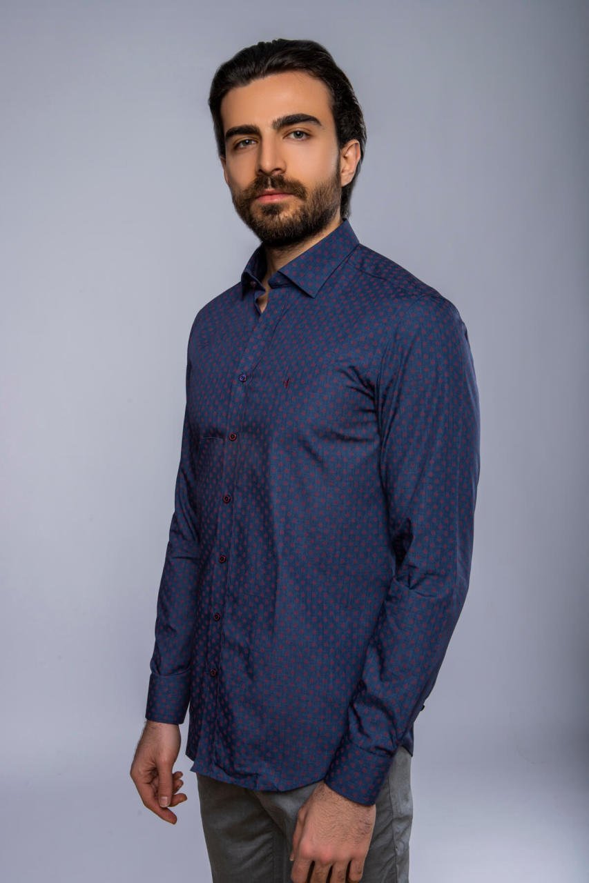 Slim Fit Uzun Kollu Desenli Lacivert Erkek Gömlek 506-233 L