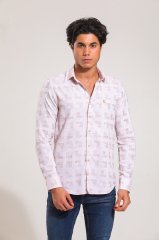 Slim Fit Uzun Kollu Desenli Sütlü Kahve Erkek Gömlek 506-633DB