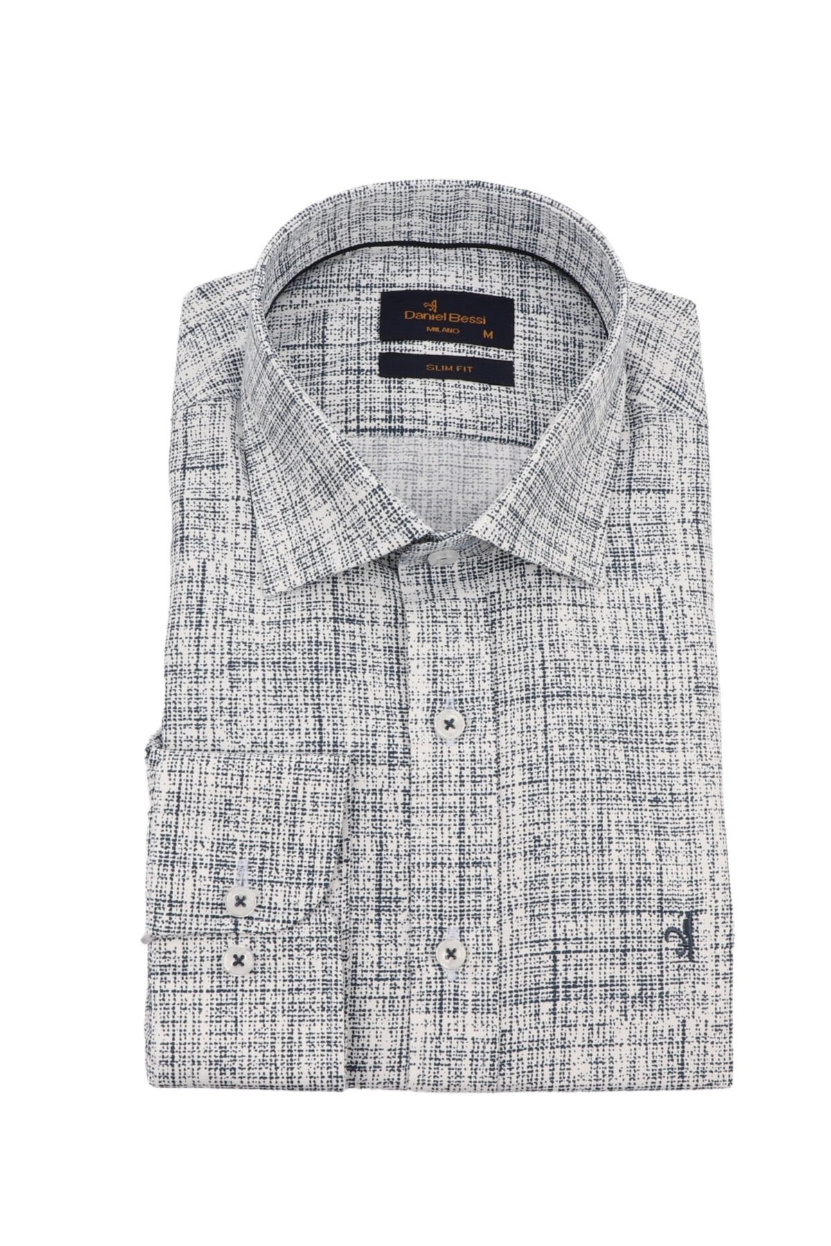 Slim Fit Uzun Kollu Lacivert Basklı Erkek Gömlek 506-177-24 XL