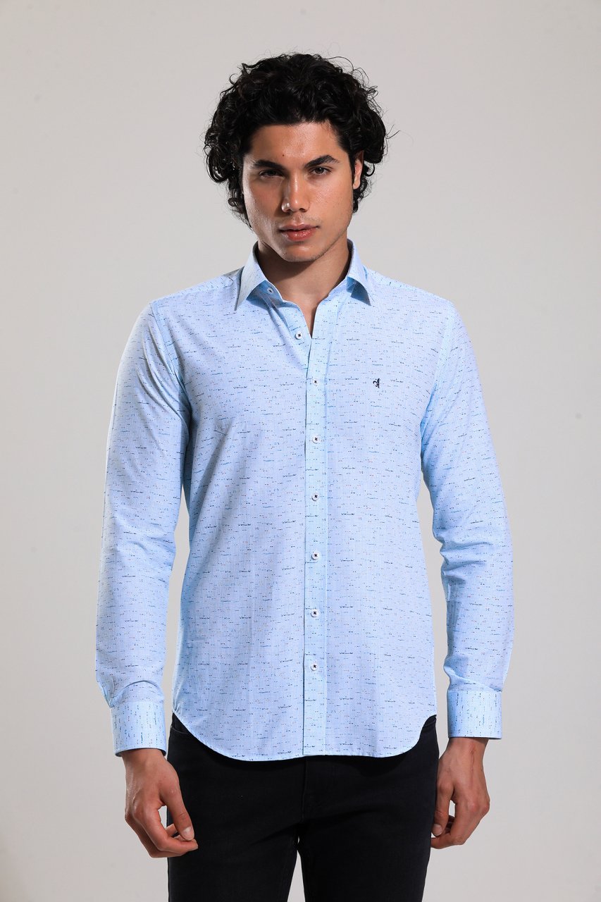 Slim Fit Uzun Kollu Desenli Mavi Baskılı Erkek Gömlek 506-685