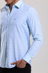 Slim Fit Uzun Kollu Desenli Mavi Baskılı Erkek Gömlek 506-685