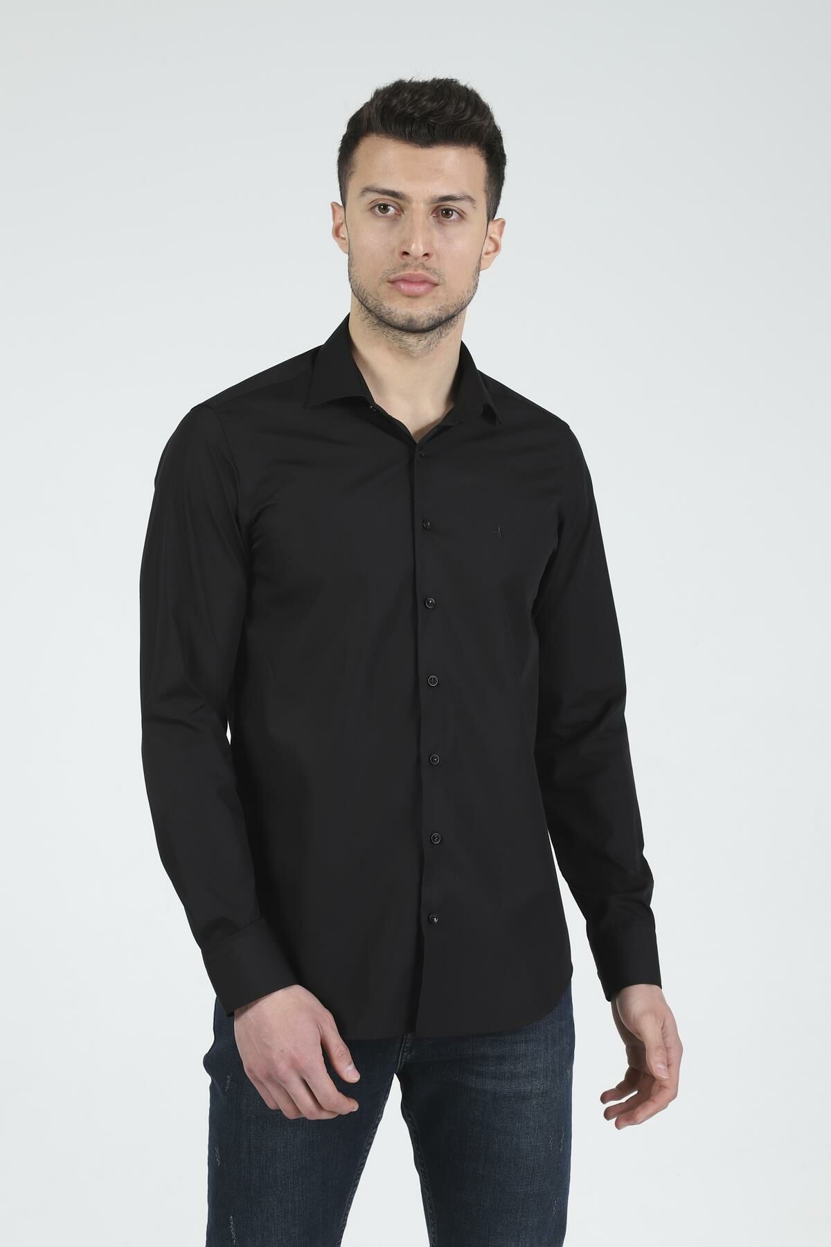 Slim Fit Uzun Kollu Erkek Gömlek 360-DB03 SİYAH - L