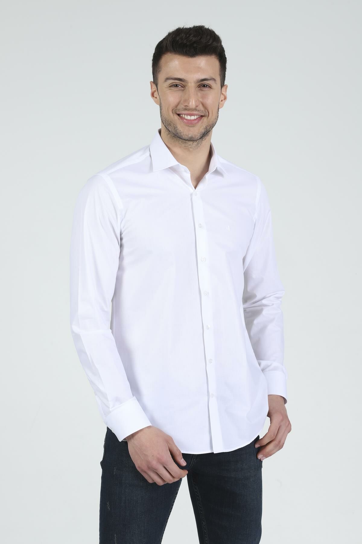 Slim Fit Uzun Kollu Erkek Gömlek 525-DB02 BEYAZ - L