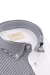 Slim Fit Uzun Kollu Beyaz Lacivert Çizgili Erkek Gömlek 990-108