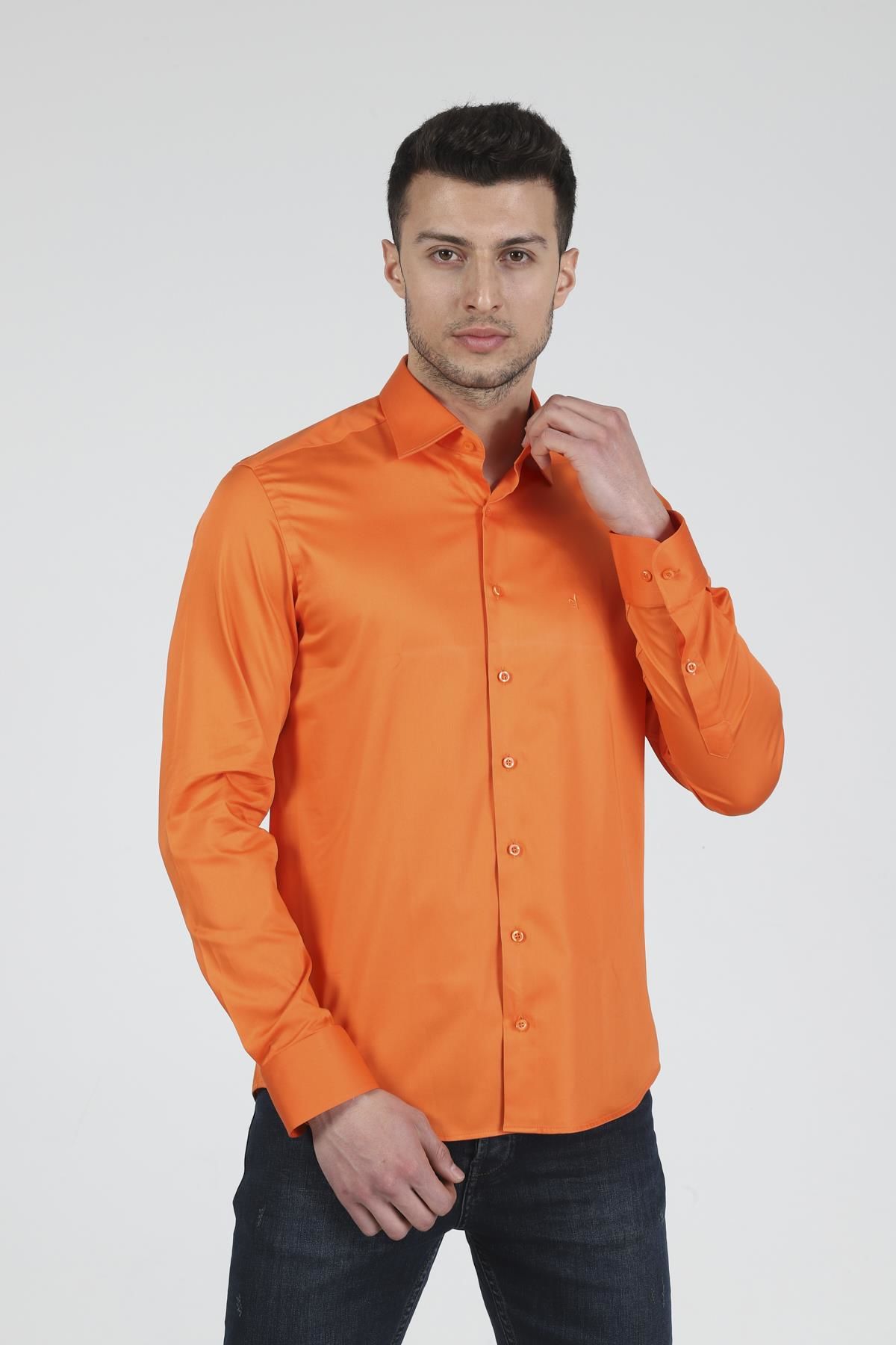 Slim Fit Uzun Kollu Erkek Gömlek 585-DB39 TURUNCU - L