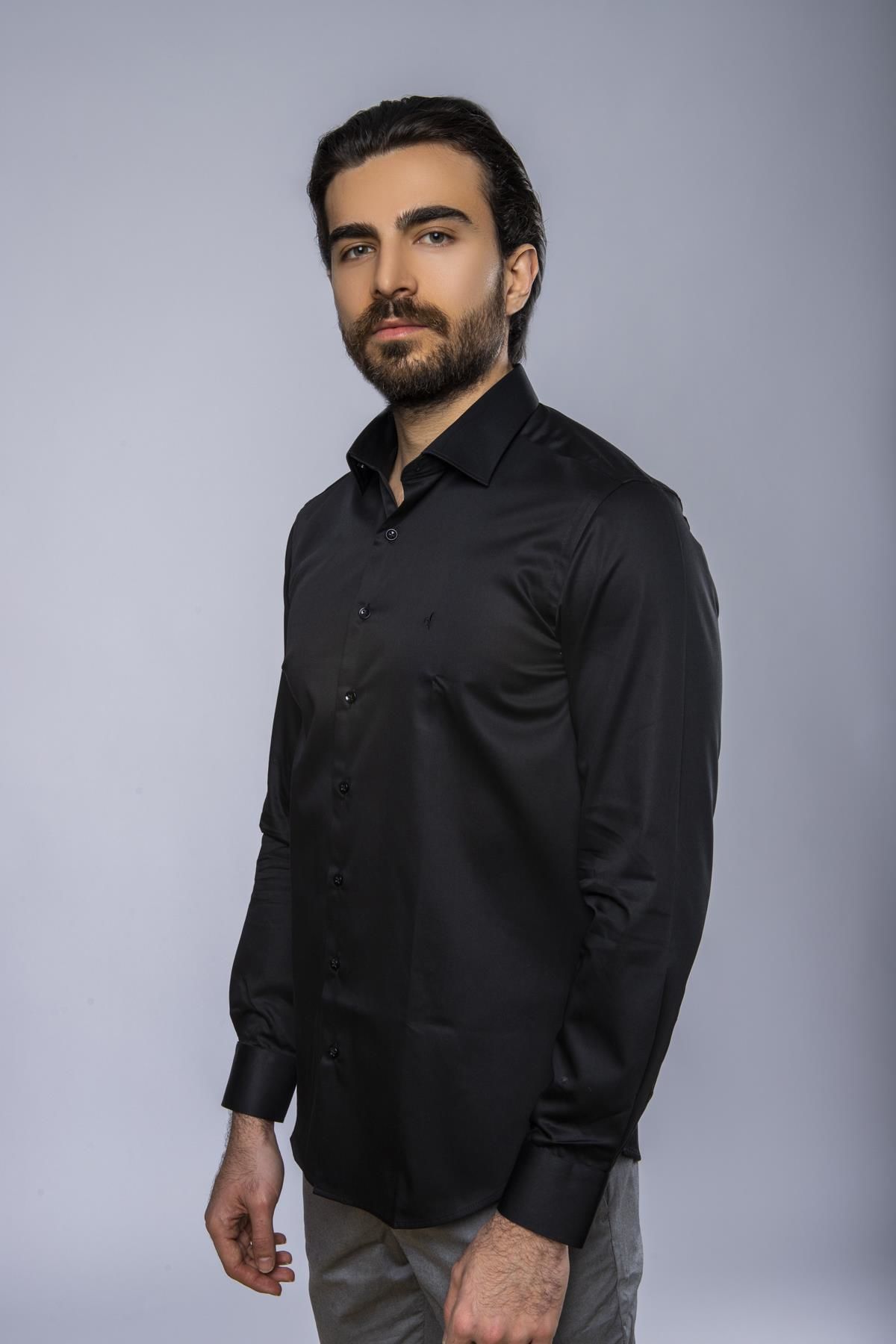 Slim Fit Uzun Kollu Erkek Gömlek 585-DB39 SİYAH - M