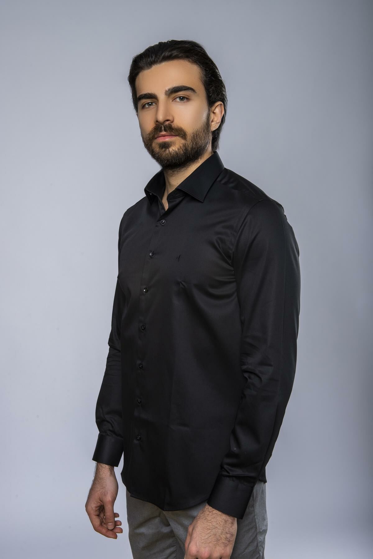 Slim Fit Uzun Kollu Erkek Gömlek 585-DB39 SİYAH - L